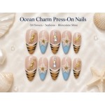Ocean‑Charm 3D Flower Press‑On Nails, Medium‑Long Almond False Nails with Golden Seahorse, Starfish & Shell Texture